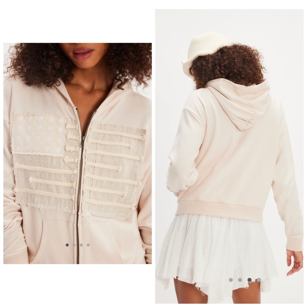 Free People Tricia Fix Flag Zipper Hoodie Cream USA‎ XS